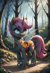 Size: 800x1169 | Tagged: safe, ai content, derpibooru import, generator:pony diffusion v6 xl, generator:stable diffusion, machine learning generated, scootaloo, changeling, g4, changelingified, cutie mark on changeling, female, forest, mare, nature, outdoors, prompter:gregorymars, scootaling, solo, species swap, tree