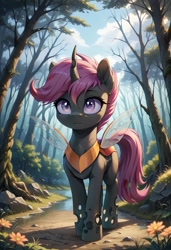 Size: 800x1169 | Tagged: safe, ai content, derpibooru import, generator:pony diffusion v6 xl, generator:stable diffusion, machine learning generated, scootaloo, changeling, g4, changelingified, cutie mark on changeling, female, forest, mare, nature, outdoors, prompter:gregorymars, scootaling, solo, species swap, tree