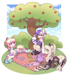 Size: 2649x3000 | Tagged: safe, artist:madelinne, derpibooru import, oc, oc only, apple, apple tree, basket, cake, clothes, cup, donut, eating, female, food, male, mare, picnic, picnic basket, picnic blanket, sandwich, socks, stallion, striped socks, talking, teacup, teapot, tree