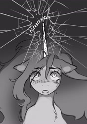 Size: 2882x4096 | Tagged: safe, artist:opalacorn, derpibooru import, oc, oc only, oc:starlight, alicorn, pony, alicorn oc, black and white, broken glass, broken horn, bust, ears, female, floppy ears, gradient background, grayscale, horn, long horn, looking up, mare, monochrome, wings