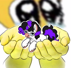 Size: 4096x3956 | Tagged: safe, alternate version, artist:opalacorn, derpibooru import, oc, oc only, oc:vynarity, pony, unicorn, alternate character, commission, ear fluff, ears, glasses, holding a pony, horn, in goliath's palm, looking at you, lying down, prone, round glasses, size difference, smiling, smiling at you, solo, ych result