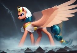 Size: 1216x832 | Tagged: safe, ai content, derpibooru import, generator:pony diffusion v6 xl, generator:stable diffusion, machine learning generated, somnambula, pegasus, g4, cloud, cloudy, concave belly, female, frown, generator:civitai, large wings, lightning, macro, prompter:nickdisneyfan78, pyramid, slender, solo, spread wings, thin, wings