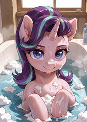 Size: 1778x2496 | Tagged: safe, ai content, derpibooru import, machine learning generated, starlight glimmer, pony, unicorn, g4, bathtub, chest fluff, ear fluff, ears, female, foam, horn, human shoulders, indoors, looking at you, mare, prompter:bluetoothworld, sitting, smiling, smiling at you, solo, water, wet, window