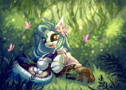 Size: 3500x2500 | Tagged: safe, artist:uwushka, derpibooru import, oc, oc only, oc:lamey, butterfly, lamia, original species, pony, snake, snake pony, bird nest, bracelet, clothes, complex background, crepuscular rays, egg, female, flower, flower in hair, foliage, forest, gold bracelet, happy, high res, jewelry, log, long hair, mare, nature, nest, open mouth, plant, signature, smiling, snakepony, solo, tree