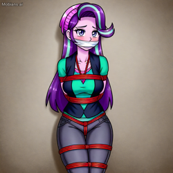 Size: 1024x1024 | Tagged: safe, ai content, derpibooru import, machine learning generated, starlight glimmer, human, equestria girls, g4, bondage, bound and gagged, breasts, cloth gag, female, gag, helpless, prompter:fallnightwolf, rope, solo, starlight jiggler