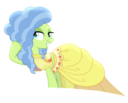 Size: 894x720 | Tagged: safe, derpibooru import, edit, edited screencap, editor:marefieber, screencap, earth pony, pony, g4, honest apple, season 7, background removed, clothes, dress, fashion, fashion show, female, gown, head turn, mare, morning glory (g4), png, raised hoof, raised leg, simple background, smiling, solo, teeth, transparent background, yellow dress