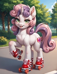 Size: 987x1280 | Tagged: safe, ai content, derpibooru import, generator:pony diffusion v6 xl, generator:stable diffusion, machine learning generated, sweetie belle, pony, unicorn, g4, bedroom eyes, blushing, bush, chest fluff, ear fluff, ears, female, full body, hoof shoes, horn, knee blush, lidded eyes, looking at you, mare, older, older sweetie belle, open mouth, open smile, outdoors, park, prompter:lager ai, roller skates, skates, sky, smiling, smiling at you, solo, tree