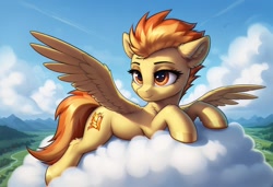 Size: 1216x832 | Tagged: safe, ai content, derpibooru import, generator:pony diffusion v6 xl, generator:stable diffusion, machine learning generated, spitfire, pegasus, g4, cloud, lying down, prompter:thelight3d, spread wings, wings