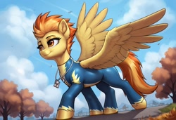 Size: 1216x832 | Tagged: safe, ai content, derpibooru import, generator:pony diffusion v6 xl, generator:stable diffusion, machine learning generated, spitfire, pegasus, g4, autumn, clothes, prompter:thelight3d, spread wings, tail, uniform, wings, wonderbolts uniform