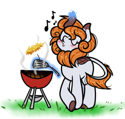 Size: 1000x950 | Tagged: safe, artist:paperbagpony, derpibooru import, oc, oc only, oc:smoking oak, kirin, blushing, burger, cooking, eyes closed, food, forelegs crossed, glowing, glowing horn, gray coat, grill, hay burger, horn, kirin oc, levitation, magic, magic aura, music notes, solo, spatula, standing on three hooves, telekinesis, whistle