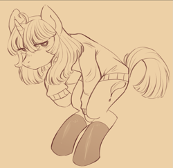 Size: 1239x1199 | Tagged: safe, artist:alex6886, derpibooru import, stygian, pony, unicorn, g4, clothes, horn, looking at you, male, monochrome, socks, solo, stygian's cutie mark, sweater, thigh highs, turtleneck