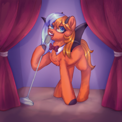 Size: 1280x1280 | Tagged: safe, derpibooru import, oc, oc only, oc:singsong, bat pony, pony, blue eyes, female, filly, foal, food, horns, long mane, microphone, open mouth, orange, scene interpretation, scenery, solo, spots, spread wings, wings