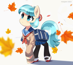 Size: 2034x1797 | Tagged: safe, artist:vinilyart, derpibooru import, coco pommel, earth pony, pony, bag, clothes, leaves, looking up, maple leaf, school uniform, shoes, solo, stockings, thigh highs