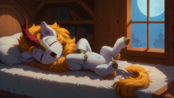 Size: 1920x1088 | Tagged: safe, ai content, derpibooru import, generator:pony diffusion v6 xl, generator:stable diffusion, machine learning generated, oc, oc only, kirin, g4, bed, bedroom, belly, belly button, book, bookshelf, cloven hooves, colt, eyes closed, foal, generator:tponynai3, horn, indoors, kirin oc, lying down, lying on bed, male, moon, morning ponies, night, on back, on bed, pillow, prompter:truekry, sleeping, solo, window, yawn