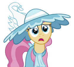 Size: 797x720 | Tagged: safe, derpibooru import, edit, edited screencap, editor:marefieber, screencap, swan song, bird, earth pony, pony, swan, g4, season 2, sweet and elite, background removed, big hat, bow, clothes, concerned, dress, female, hat, mare, open mouth, png, simple background, solo, tail, tail bow, transparent background, worried