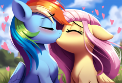 Size: 1216x832 | Tagged: safe, ai content, derpibooru import, generator:novelai, generator:stable diffusion, machine learning generated, fluttershy, rainbow dash, pegasus, pony, g4, anonymous prompter, blurry background, blushing, cloud, day, duo, duo female, ears, eyebrows, eyebrows visible through hair, eyes closed, female, floating heart, floppy ears, flutterdash, folded wings, grass, heart, kiss on the lips, kissing, lesbian, mare, outdoors, shipping, sitting, sky, windswept mane, wings