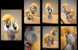 Size: 900x584 | Tagged: safe, artist:minkyway1, derpibooru import, derpy hooves, pegasus, pony, folded wings, indoors, irl, multiple views, photo, plushie, underhoof, wings