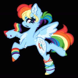 Size: 2048x2048 | Tagged: safe, artist:dovahkiira, derpibooru import, rainbow dash, pegasus, pony, g4, black background, bracelet, chest fluff, coat markings, cute, ear fluff, ears, female, flag, gay pride flag, hoof heart, jewelry, looking at you, mare, mouth hold, pride, pride flag, raised hooves, redesign, simple background, smiling, solo, solo female, spread wings, standing, standing on one leg, unshorn fetlocks, wings