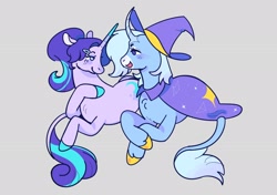 Size: 2048x1444 | Tagged: safe, artist:fenceington, derpibooru import, starlight glimmer, trixie, pony, unicorn, g4, cape, clothes, curved horn, duo, duo female, female, gray background, hat, horn, leonine tail, lesbian, looking at each other, looking at someone, lying down, mare, prone, raised hoof, raised leg, redesign, shipping, simple background, smiling, startrix, tail, two toned mane, unshorn fetlocks