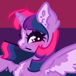 Size: 680x680 | Tagged: safe, artist:dovahkiira, derpibooru import, twilight sparkle, alicorn, pony, g4, alternate design, alternate mane color, bilight sparkle, bisexual pride flag, colored lineart, female, flag background, mare, pride, pride background, pride flag, profile, solo, striped background, three toned background