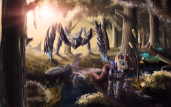 Size: 1280x800 | Tagged: safe, artist:sylar113, derpibooru import, oc, oc only, oc:daylight lucidity, pony, unicorn, armor, bridge, female, forest, horn, mare, nature, river, stream, tree, water