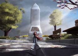 Size: 1214x880 | Tagged: safe, artist:sylar113, derpibooru import, oc, oc only, pony, bench, flower, monument, mouth hold, park bench, solo, translated in the comments, victory day, world war ii