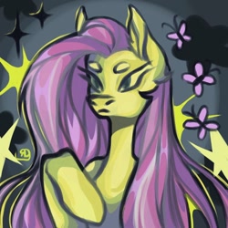 Size: 1024x1024 | Tagged: safe, artist:poison, derpibooru import, fluttershy, butterfly, pegasus, pony, cyrillic, dark background, female, mare, russian, signature, stars