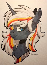 Size: 2918x4065 | Tagged: safe, artist:lrusu, derpibooru import, oc, oc only, oc:velvet remedy, unicorn, fallout equestria, aside glance, blue eyes, bust, chest fluff, eye clipping through hair, female, high res, horn, looking at you, mare, marker drawing, multicolored hair, painting, portrait, side view, smiling, solo, traditional art, unicorn oc