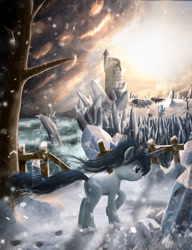 Size: 700x910 | Tagged: safe, artist:sylar113, derpibooru import, oc, oc only, pony, unicorn, crystal, horn, scenery, snow, snowfall, solo, tower, winter