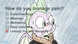 Size: 1200x675 | Tagged: safe, artist:pony-berserker, derpibooru import, spike, pony-berserker's twitter sketches, bandaid, bandaid on nose, clothes, coat, how do you manage pain, meme, meme reference, pony-berserker's twitter sketches (2024), rain, wet