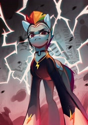 Size: 2480x3508 | Tagged: safe, artist:annna markarova, derpibooru import, rainbow dash, zapp, pegasus, pony, g4, power ponies (episode), clothes, costume, female, film grain, folded wings, halftone, high res, lightning, looking at you, mare, power ponies, screentone, solo, wings