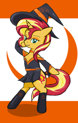 Size: 876x1365 | Tagged: safe, artist:sallycars, derpibooru import, sunset shimmer, pony, unicorn, g4, belt, bipedal, black socks, clothes, cosplay, costume, dress, female, halloween, halloween costume, hat, holiday, hooves behind head, horn, mare, ms paint, simple background, socks, solo, witch costume, witch hat