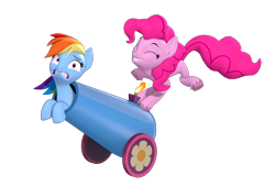 Size: 3200x2160 | Tagged: safe, artist:owlpirate, derpibooru import, pinkie pie, rainbow dash, earth pony, pegasus, pony, g4, 3d, duo, duo female, eyes closed, female, grin, gritted teeth, high res, looking at you, mare, party cannon, pony cannonball, simple background, smiling, source filmmaker, teeth, this will end in pain, transparent background, unshorn fetlocks