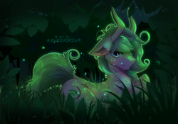 Size: 4000x2800 | Tagged: safe, artist:divori, derpibooru import, oc, oc only, oc:forest whisper, firefly (insect), insect, blue eyes, chest fluff, cutie mark, druid, ear fluff, ears, forest, grass, grass field, horn, horns, jungle, looking at you, magic, magic aura, male, nature, outline, stallion, tree