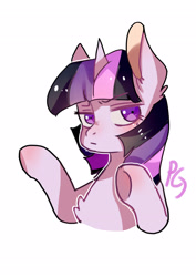 Size: 2480x3507 | Tagged: safe, artist:zheilishiyigepeigen, derpibooru import, twilight sparkle, pony, unicorn, blushing, bust, chest fluff, female, horn, looking at you, mare, simple background, solo, text, white background