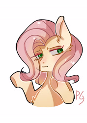 Size: 2480x3507 | Tagged: safe, artist:zheilishiyigepeigen, derpibooru import, fluttershy, pegasus, pony, blushing, bust, chest fluff, female, mare, simple background, solo, text, white background