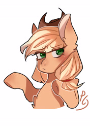 Size: 2480x3507 | Tagged: safe, artist:zheilishiyigepeigen, derpibooru import, applejack, earth pony, pony, blushing, bust, chest fluff, female, hat, mare, simple background, solo, text, white background