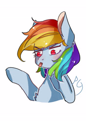 Size: 2480x3507 | Tagged: safe, artist:zheilishiyigepeigen, derpibooru import, rainbow dash, pegasus, pony, blushing, bust, chest fluff, female, mare, simple background, solo, text, tongue, tongue out, white background