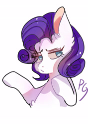 Size: 2480x3507 | Tagged: safe, artist:zheilishiyigepeigen, derpibooru import, rarity, pony, unicorn, blushing, bust, chest fluff, female, horn, mare, missing horn, simple background, solo, text, white background