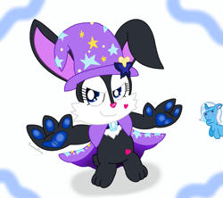 Size: 949x842 | Tagged: safe, artist:harmonybunny2021, derpibooru import, trixie, rabbit, unicorn, g4, accessory theft, animal, cape, clothes, hat, horn, jewelpet, luea, trixie's cape, trixie's hat