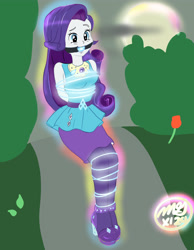 Size: 3500x4500 | Tagged: safe, artist:cpuknightx1, derpibooru import, part of a set, rarity, human, equestria girls, g4, ballgag, bondage, bound and gagged, digital art, female, femsub, gag, high heels, high res, magic, rainbow aura, rarisub, rarity peplum dress, shoes, signature, smiling, solo, submissive, tied up