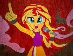 Size: 1882x1429 | Tagged: safe, derpibooru import, sunset shimmer, human, equestria girls, g4, rainbow rocks, clothes, looking at you, shirt, singing, skirt, solo, welcome to the show