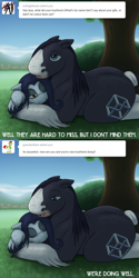 Size: 1500x3000 | Tagged: safe, artist:drxii, derpibooru import, oc, oc:escher, oc:ipsywitch, earth pony, pony, g4, ask, cuddling, dialogue, draft horse, female, male, mare, stallion, tumblr