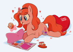 Size: 2480x1754 | Tagged: safe, artist:bluuefrog, derpibooru import, oc, oc:dazha, pony, unicorn, g4, blue eyes, cup, cute, cute smile, donut, eating, female, female oc, food, glowing, glowing horn, hairband, heart, heart pillow, horn, levitation, lying down, magic, magic aura, mare, ocbetes, orange hair, orange mane, orange tail, pillow, pink coat, pony oc, prone, reading, redhead, simple background, solo, tail, teacup, telekinesis, unicorn oc