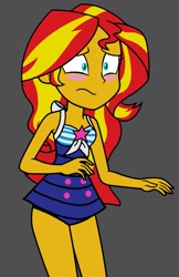 Size: 997x1536 | Tagged: safe, artist:dragonkingamn, derpibooru import, edit, edited screencap, screencap, sunset shimmer, equestria girls, g4, :s, bare arms, bare legs, bare shoulders, blushing, clothes, clothes swap, nervous, one-piece swimsuit, sci-twi swimsuit, shrunken pupils, sleeveless, swimsuit, swimsuit swap, wavy mouth