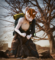 Size: 4626x5000 | Tagged: safe, artist:dark-fic, oc, oc:littlepip, anthro, fallout equestria, 3d, backpack, clothes, kneeling, leather armor, open clothes, screaming, tanktop, vault suit