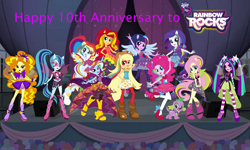 Size: 2043x1226 | Tagged: safe, artist:epiccartoonsfan, artist:matrixchicken, artist:sugar-loop, artist:user15432, derpibooru import, adagio dazzle, applejack, aria blaze, fluttershy, pinkie pie, rainbow dash, rarity, sonata dusk, spike, sunset shimmer, trixie, twilight sparkle, twilight sparkle (alicorn), alicorn, dog, human, equestria girls, g4, rainbow rocks, anniversary, clothes, cowboy hat, equestria girls logo, hat, looking at you, microphone, my little pony logo, pegasus wings, ponied up, pony ears, rainbow rocks 10th anniversary, rainbow rocks outfit, smiling, smiling at you, spike the dog, stage, the dazzlings, the rainbooms, wings