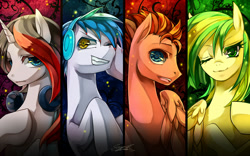 Size: 1100x687 | Tagged: safe, artist:soukitsubasa, derpibooru import, oc, oc only, oc:ibringdalulz, oc:mic the microphone, oc:the living tombstone, oc:wooden toaster, earth pony, pegasus, pony, unicorn, brony, female, horn, male, mic the microphone, musician, one eye closed, ponysona, twentyten, wink