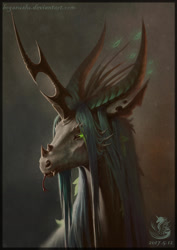 Size: 1240x1753 | Tagged: safe, artist:begasus, derpibooru import, queen chrysalis, kelpie, g4, bust, female, portrait, solo, tongue, tongue out