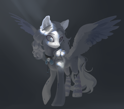 Size: 2608x2300 | Tagged: safe, artist:yanisfucker, derpibooru import, oc, oc only, pegasus, pony, abstract background, bell, bell collar, blank flank, clothes, coat markings, collar, crepuscular rays, dappled, female, high res, mare, shadow, socks, solo, spread wings, striped socks, white hair, wings